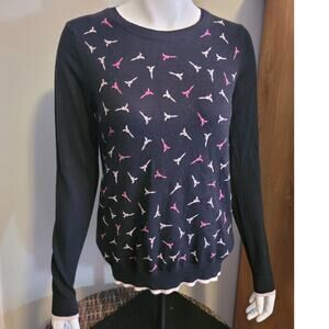 Paris Eiffel Tower Sweater Medium Navy Pink Novelty French Travel Preppy Knit